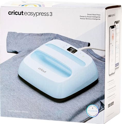 2009145 - Cricut EasyPress 3 9X9 (Zen Blue); 9 in x 9 in (22.5 cm x 22.5 cm) size ideal for basic T-shirts, tote bags, pillows, aprons, and more; Connects to Cricut Heat™ app via Bluetooth® connection; Precise temperature control up to 400℉ (205°C); Advanced heat plate design with ceramic-coated surface; Compatible with major brands of iron-on (HTV), Infusible Ink™ and sublimation products